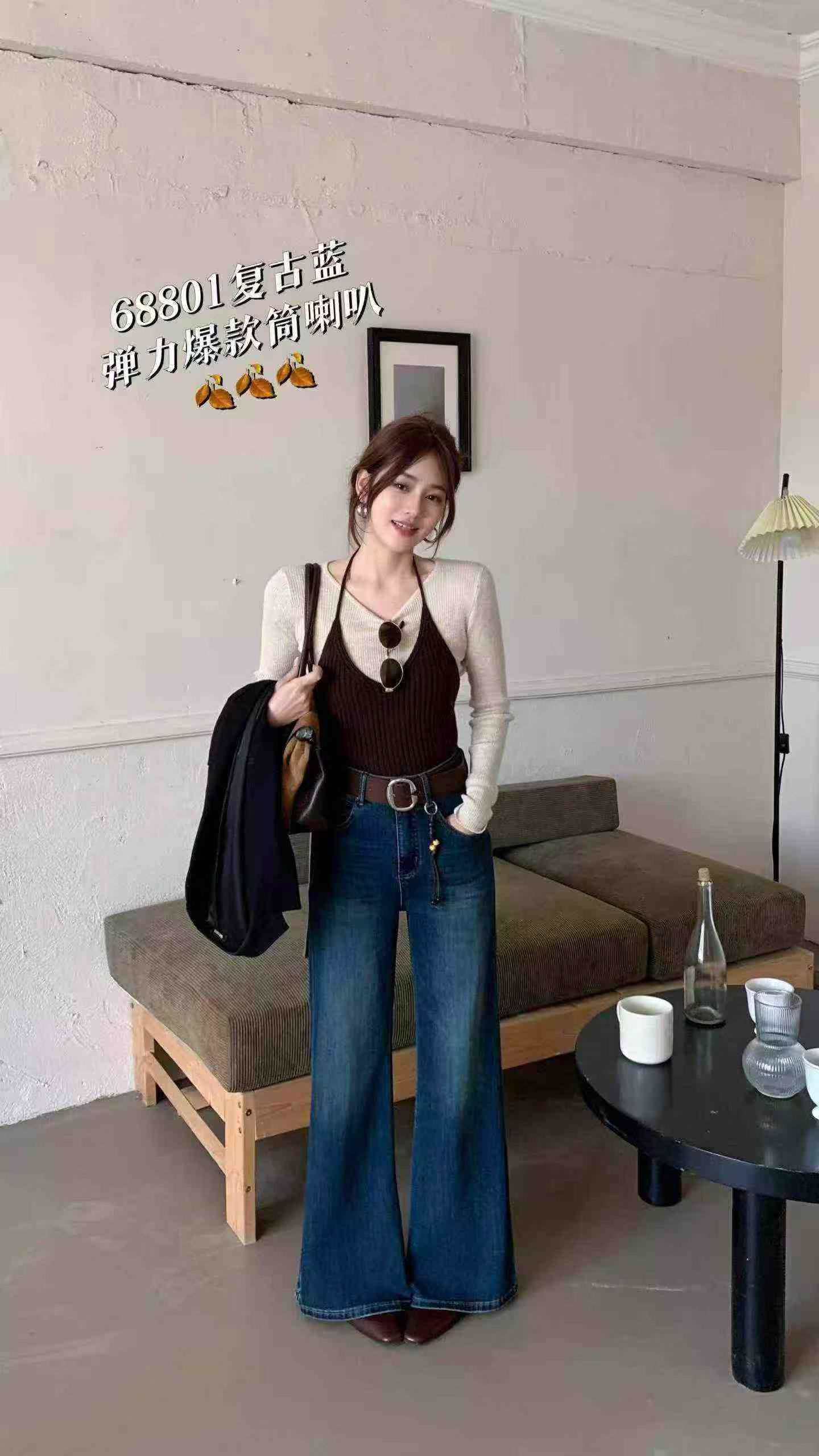 SASZ小公主68801秋季新款高腰显瘦复古蓝弹力筒啦裤直筒牛仔裤女