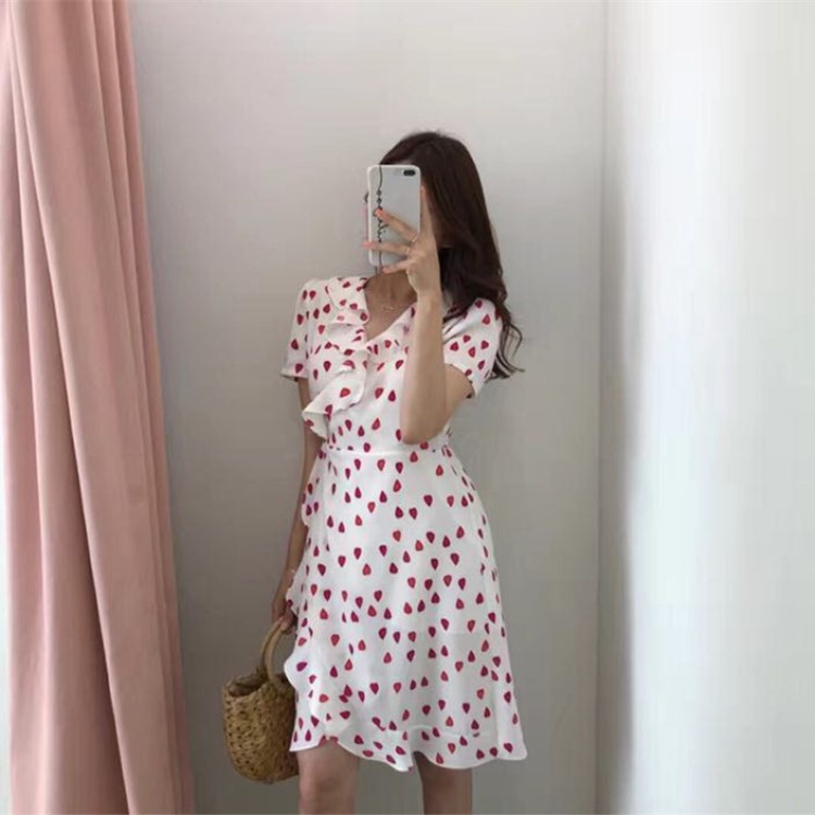 PG DVF2023春夏新款连衣裙韩版时尚小桃心印花短袖荷叶边系带淑女