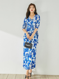 PG DVF连衣裙2023春夏装裹身裙女修身国风蓝色青花瓷裹身连衣裙