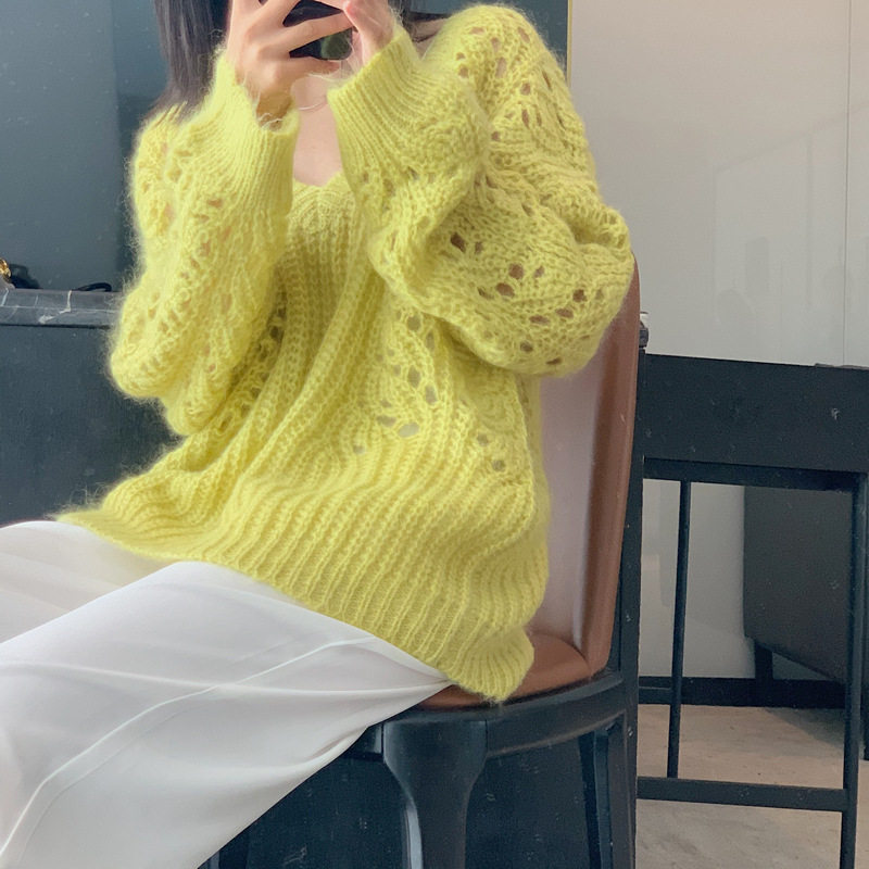 dvf韩版宽松风长袖镂空毛衣