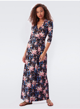 PG DVF2023夏季新款栀子花翻领七分袖长款裹身裙气质优雅绑带开叉
