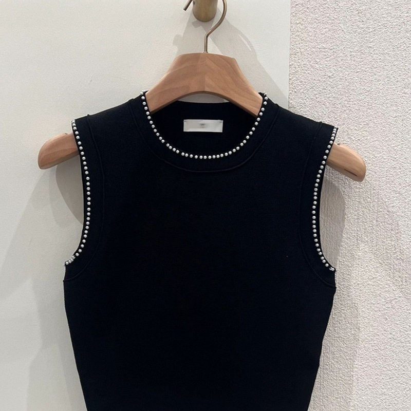 maSande法国S家24早春新款女法式白珠饰边黑色套头针织马甲PU0223
