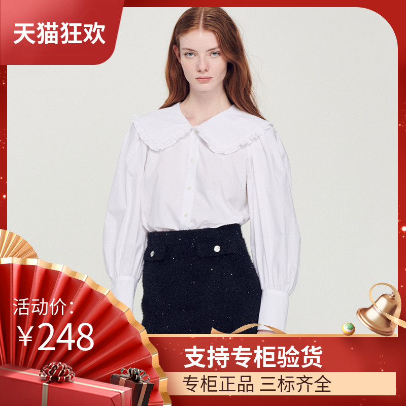 maSande法国M家23早春女气质甜美娃娃领泡泡袖白色衬衫CM00824