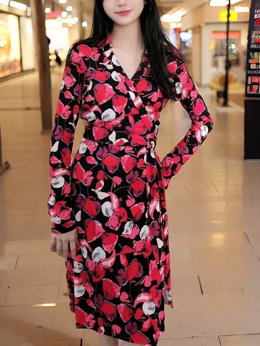 PG DVF2024早春新款红色花瓣印花裹身裙针织面料翻领长袖系带显身
