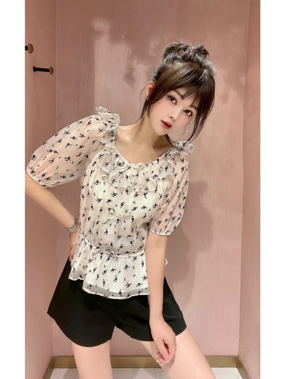 知恩GCCG正品小清新蝴蝶结小碎花雪纺衬衫女宽松甜美洋气显瘦上衣