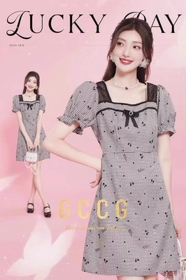 知恩GCCG正品气质黑白格短袖连衣裙女温柔新中式国风甜美复古3381