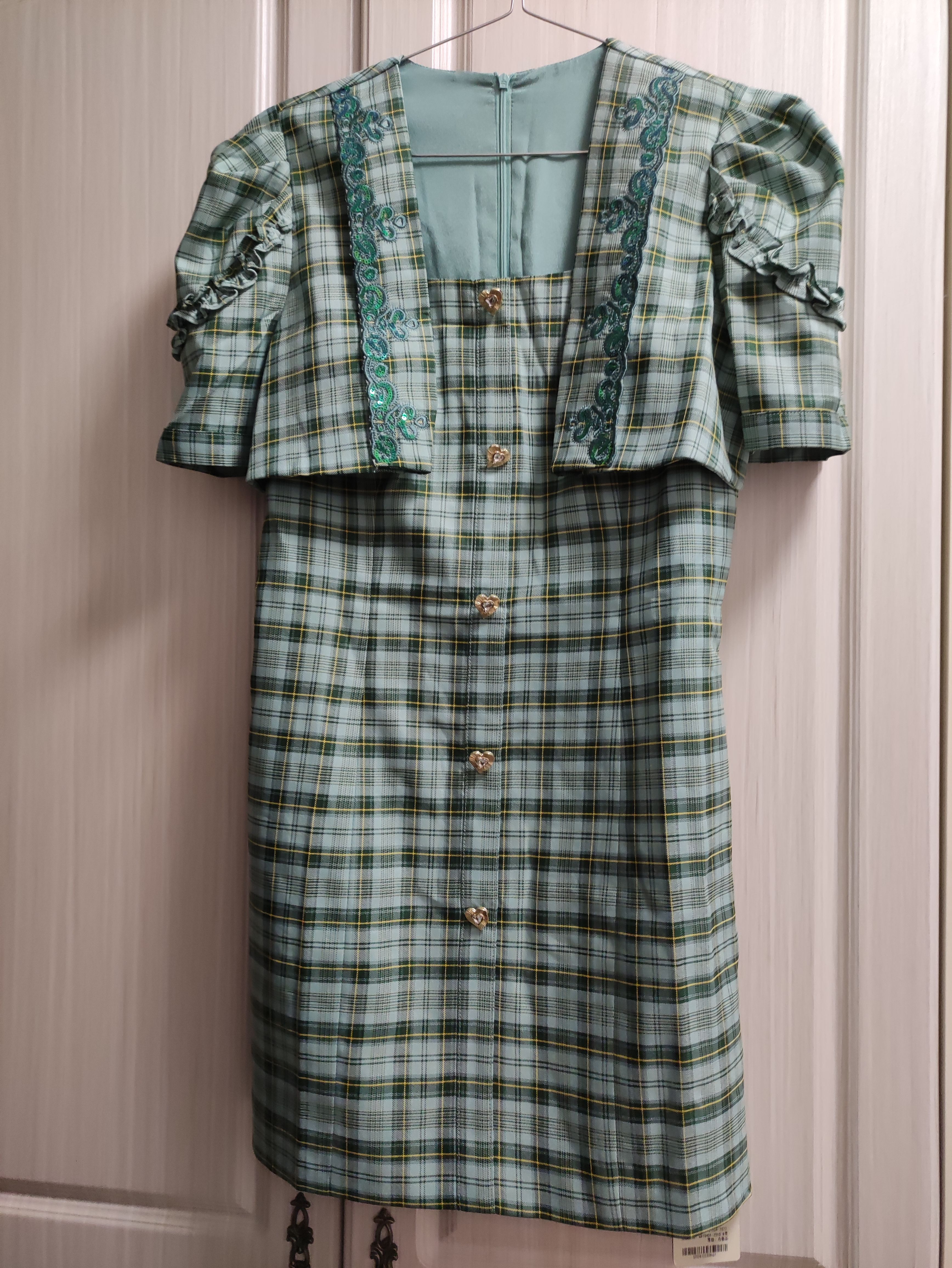 知恩GCCG正品气质淑女方领小香风格纹泡泡袖收腰连衣裙夏裙子3141