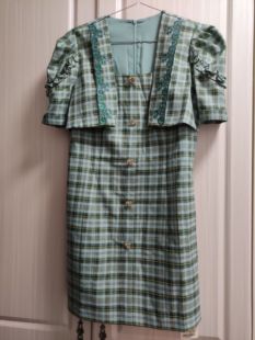 知恩GCCG正品气质淑女方领小香风格纹泡泡袖收腰连衣裙夏裙子3141