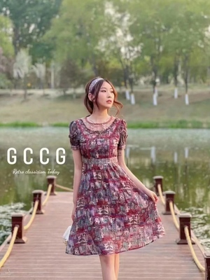 知恩GCCG正品夏英伦风复古气质浆果红连衣裙泡泡袖雪纺收腰裙3838
