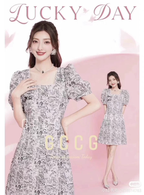 知恩GCCG正品新款夏季复古黑白花方领新中式国风短袖连衣裙31037