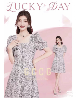 知恩GCCG正品新款夏季复古黑白花方领新中式国风短袖连衣裙31037