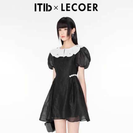 ITIB正品LECOER联名款撞色领珍珠装饰提花连衣裙高级短裙娃娃裙子