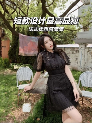 知恩GCCG正品夏新款气质网纱刺绣钉珠连衣裙女短袖小黑裙子31211