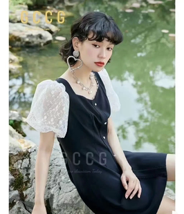 知恩GCCG正品连衣裙女夏季新款法式赫本小黑裙泡泡袖气质高级3882