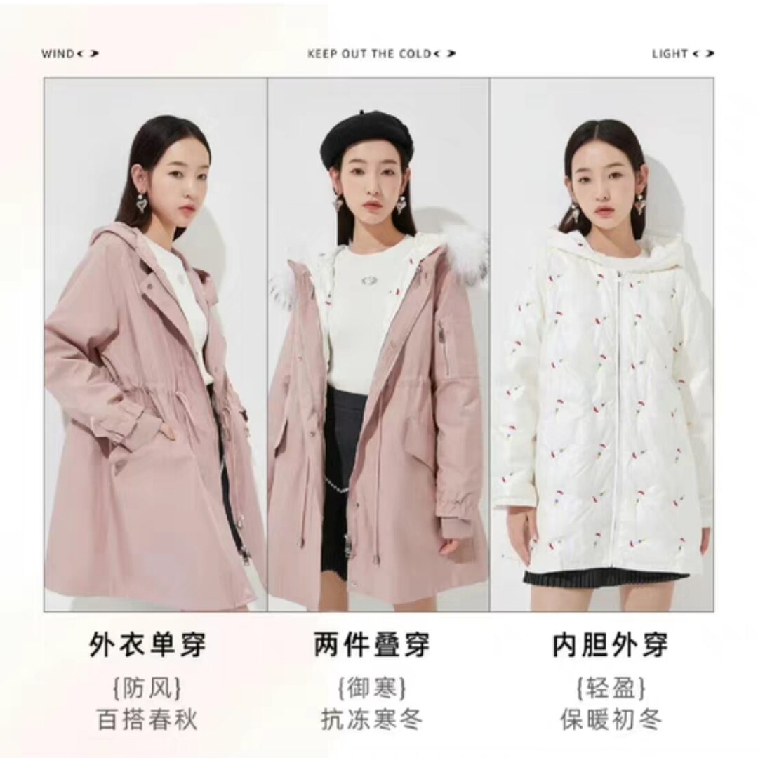 欧五加5+正品冬季90白鸭绒羽绒服中长款大毛领派克服风衣三穿外套