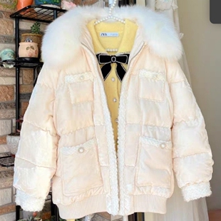 欧五加5+正品甜美丝绒小香风羽绒服外套女短款保暖90白鸭绒带毛领