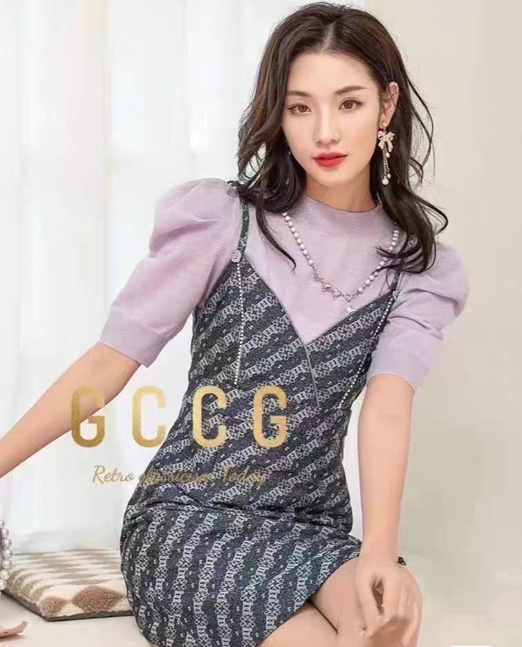 知恩GCCG正品轻奢春新款小香吊带牛仔连衣裙优雅气质字母印花3992