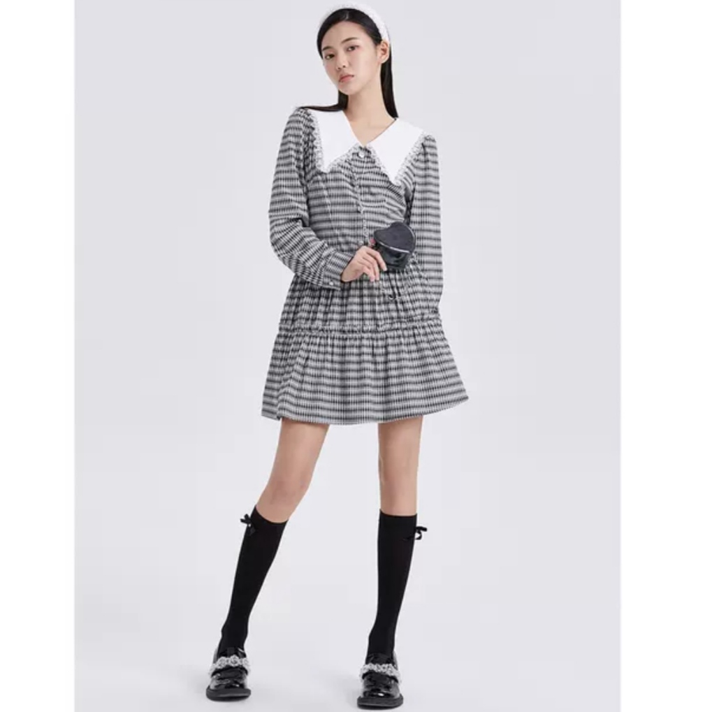 欧五加5+正品女春长袖蛋糕裙蕾丝复古宽松娃娃领连衣裙2NV3081470