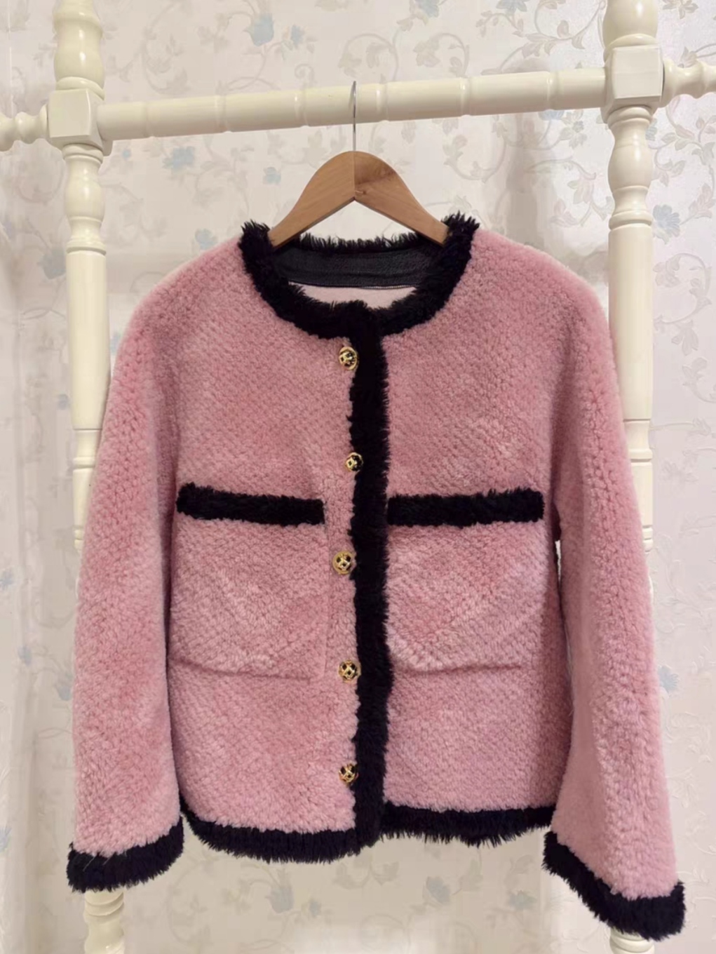 欧五加5+正品100%绵羊毛外套冬外套复古撞色羊羔毛开襟上衣小香风