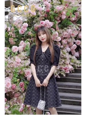 知恩GCCG正品典雅黑蝴蝶结牛仔拼接短袖连衣裙女气质收腰显瘦2303