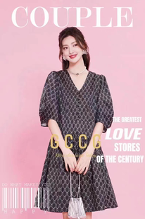 知恩GCCG正品轻奢夏新款气质优雅收腰黑底绿花V领连衣裙中袖7237