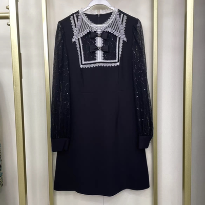 知恩GCCG正品典雅小黑裙蕾丝尖领连衣裙气质贵妇千金轻奢精致2668