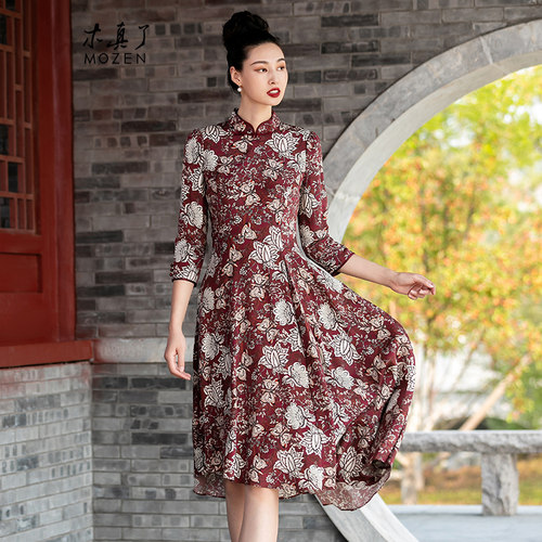 七分袖宽松印花桑蚕丝女裙