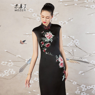 木真了复古改良旗袍裙新品 宴会妈妈礼服622 手工刺绣镶钻长款