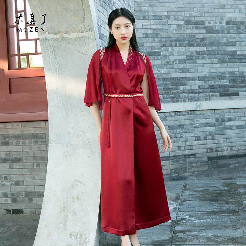 木真了中式改良风衣旗袍外搭新品复古花卉刺绣五分袖女红外套308
