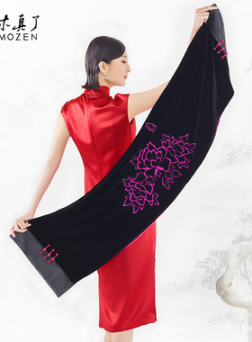 木真了丝绒披肩长方形围巾春秋中国风真丝刺绣女丝巾80021