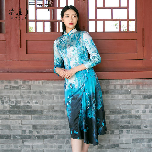 木真了桑蚕丝立领连衣裙女