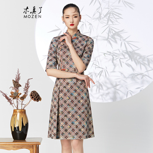 木真了改良连衣裙新品 日常女裙914 复古针织弹力格纹印花修身