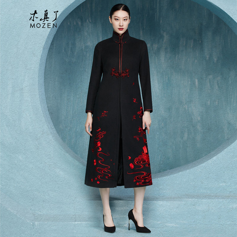木真了毛呢大衣长款冬中式立领刺绣羊毛女外套黑色新品1210