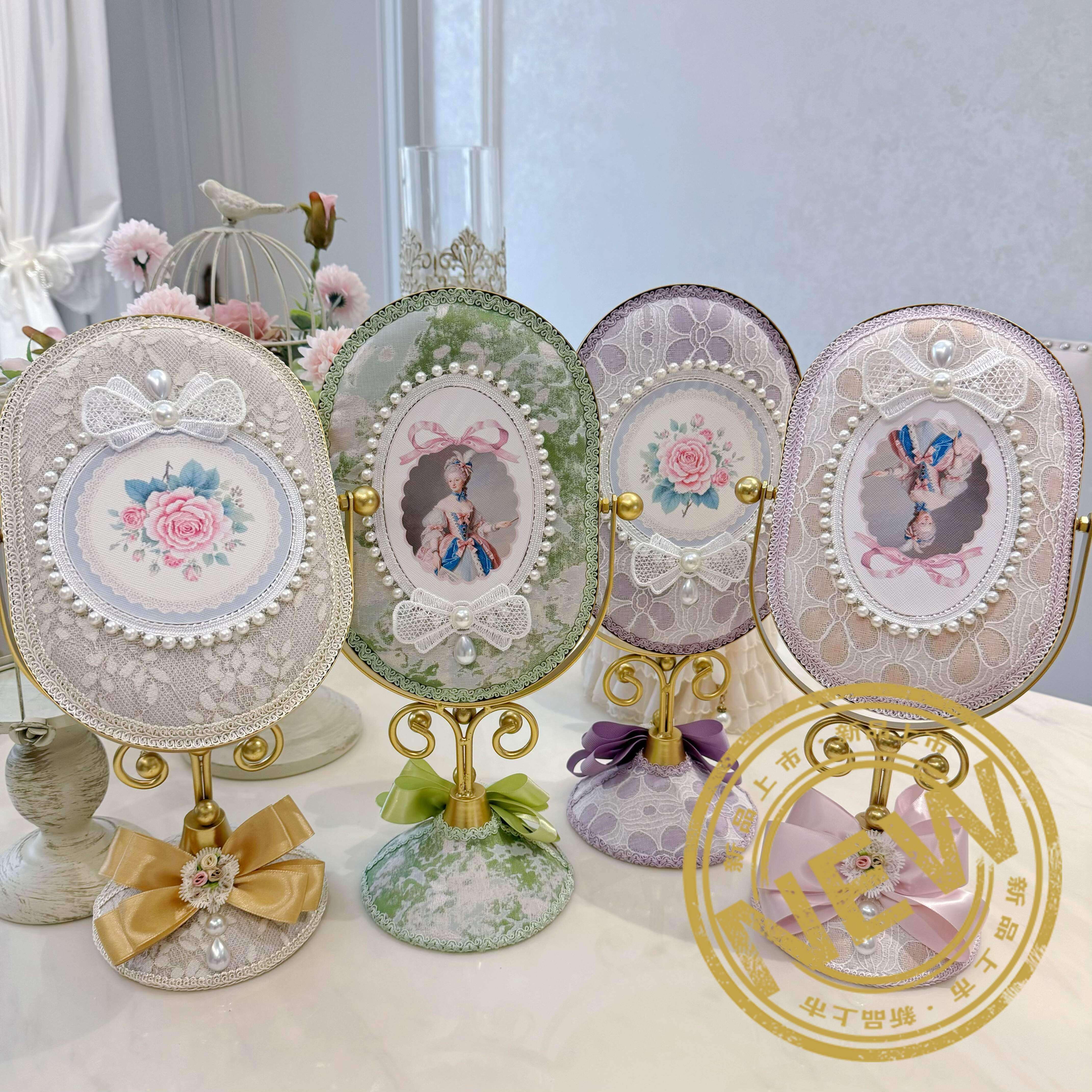 欧式复古珍珠蕾丝镜子梳妆镜少女心创意台式公主镜可旋转桌面镜