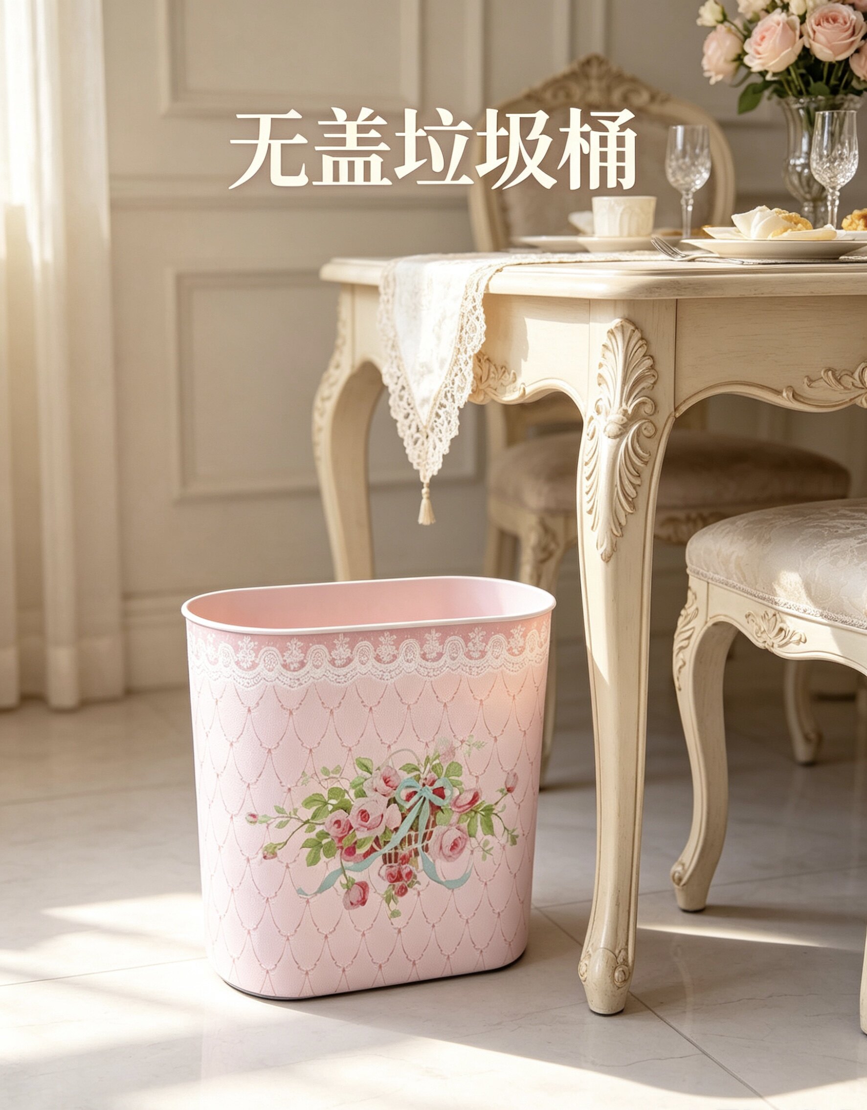 欧式粉色玫瑰花方形无盖夹缝垃圾桶家用卧室客厅卫生间防水收纳桶