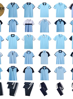 极光状元夏季棉短袖T恤校服中学生POLO衫浅蓝色翻领运动风冰丝裤