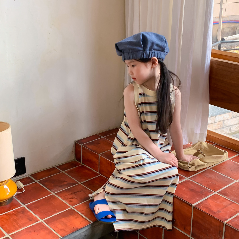 女童无袖连衣裙长裙夏条纹背心裙