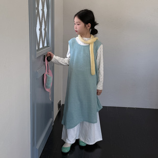 女童背心裙2025秋季新款女孩宝宝韩版纯色镂空针织上衣毛线罩衫潮