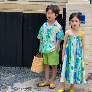 童装兄妹装儿童夏装男童韩版水墨画绿色短袖衬衫女童吊带裙姐弟装