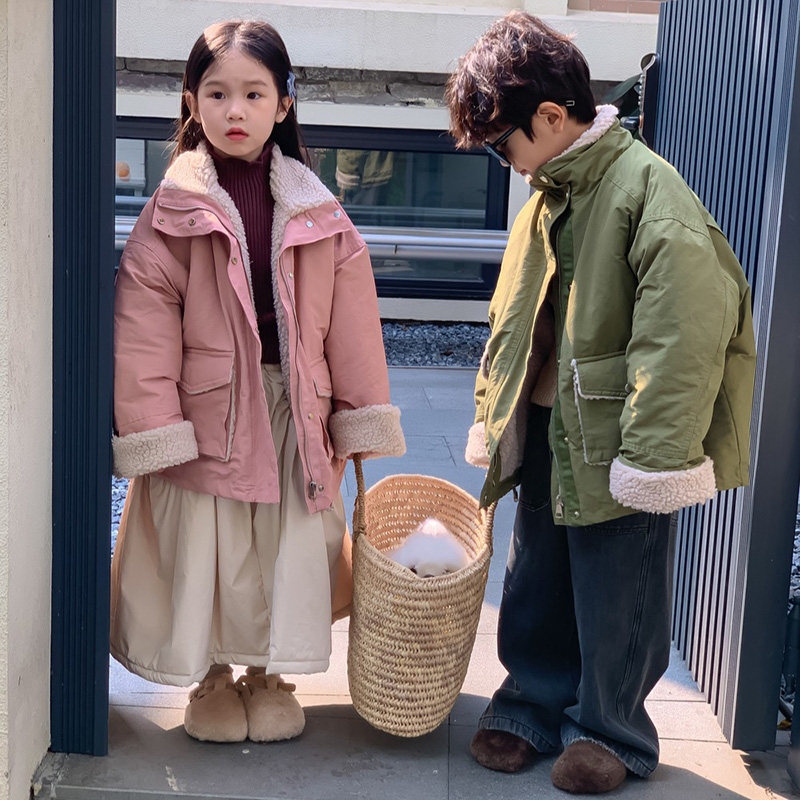 儿童外套冬装男女童韩版羊羔毛加厚棉服休闲加绒风衣大衣兄妹装潮