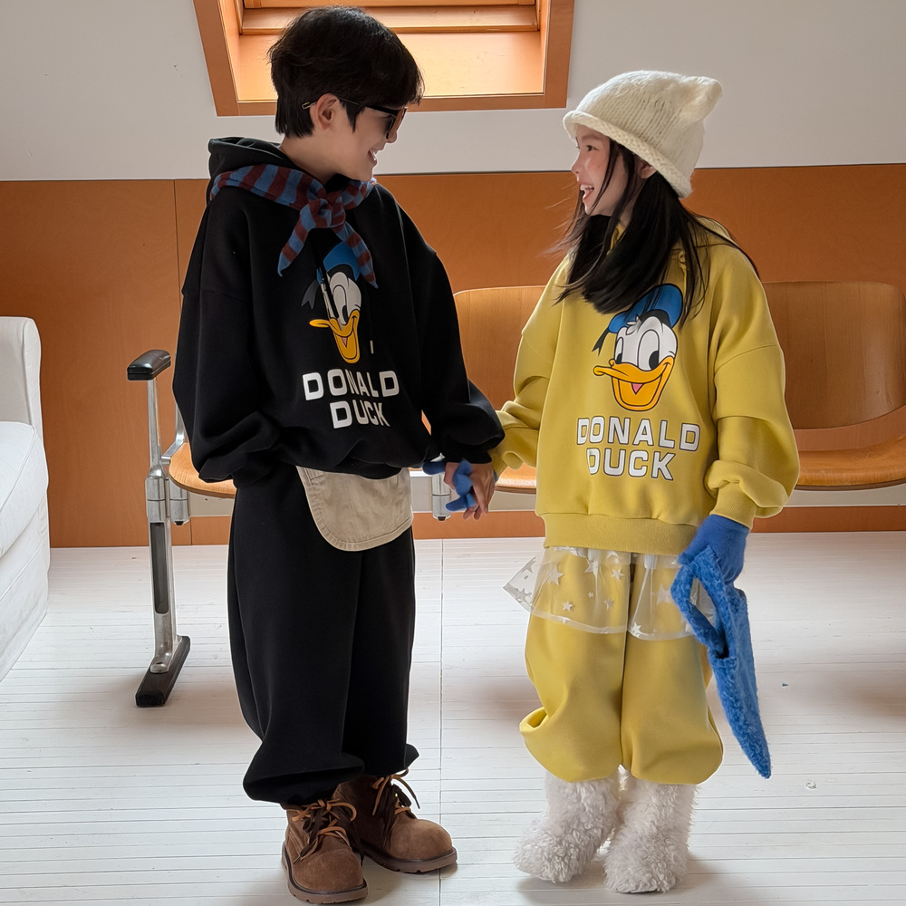 儿童卡通印花加绒加厚卫衣套装冬