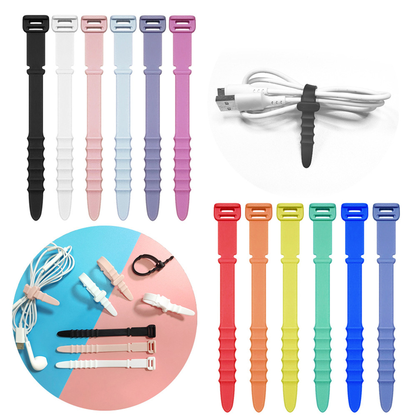 三尺寸鱼骨硅胶扎带理线器绕线器电线耳机数据线收纳束线捆绑带