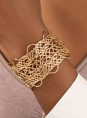 欧美网状黑色镂空麻花纹手饰日韩金色开口可调节金属手镯男女款