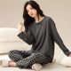 纯色圆领格子休闲简约家居服套装 纯棉长袖 睡衣女春秋季 2026年新款