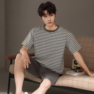 睡衣男短袖 简约家居服套装 夏季 条纹套头宽松大码 纯棉薄款 2026新款