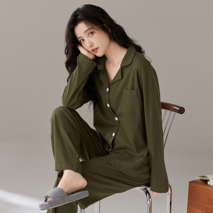 简约绿色休闲宽松大码 纯棉长袖 可外穿家居服 睡衣女春秋季 2026新款