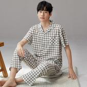 长裤 纯棉短袖 格子翻领宽松可外穿全棉家居服 睡衣男夏季 2026年新款