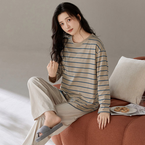纯棉睡衣女圆领长袖家居服套装