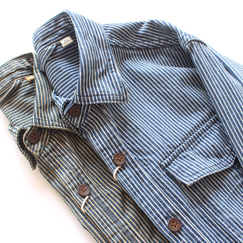 色织条纹面料水洗做旧复古工装牛仔衬衫男欧美风潮流休闲衬衣外套