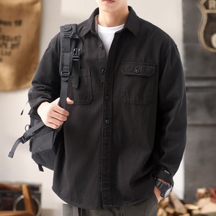 宽松纯棉翻领上衣复古休闲工装 男春秋季 衬衣外套 衬衫 日系潮牌长袖